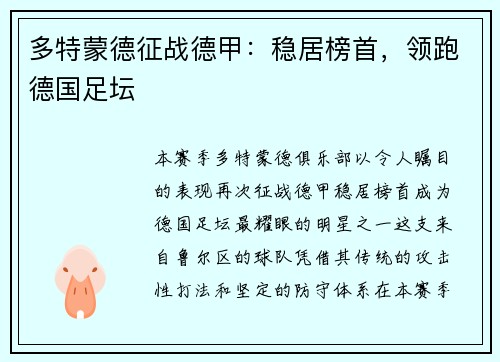 多特蒙德征战德甲：稳居榜首，领跑德国足坛