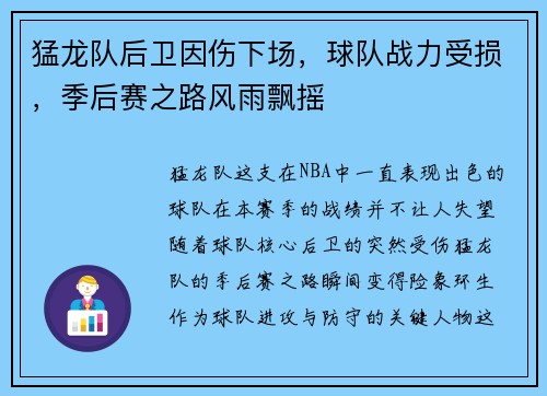 猛龙队后卫因伤下场，球队战力受损，季后赛之路风雨飘摇